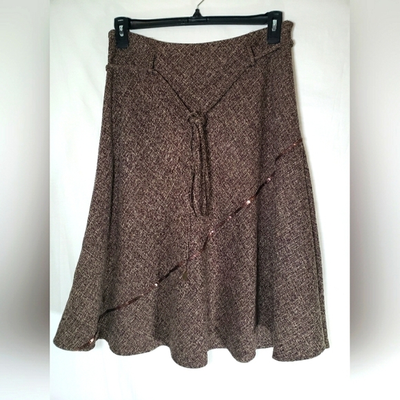 e-col-o-gie Brown Tweed Flare Skirt with Sequinced Line Sz 10 - Picture 1 of 10